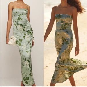 Reformation Frankie 100% Silk Midi Dress Tea Garden Green Floral Hemmed 4